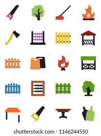 Color and black flat icon set - fence vector, tree, saw, fire, hoe, axe, abacus, table, alcove, cutting board