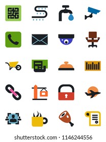 Color and black flat icon set - mail vector, wheelbarrow, drip irrigation, plane, barcode, chain, call, lock, news, hr, office chair, water supply, crane, reception, coffee, ham, chip, surveillance