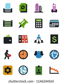 Color and black flat icon set - identity card vector, drawing pin, office phone, term, receipt, container, network, group, settings, clock, document search, calculator, paper binder, tray, hierarchy