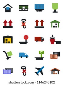 Color and black flat icon set - plane vector, truck trailer, cargo container, car delivery, sea port, fragile, warehouse storage, up side sign, no hook, heavy scales, railroad