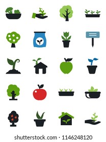 Color and black flat icon set - flower in pot vector, seedling, tree, sproute, plant label, fertilizer, fruit, salad, apple, eco house, palm