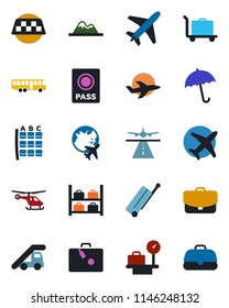 Color and black flat icon set - plane vector, runway, taxi, suitcase, baggage trolley, airport bus, umbrella, passport, ladder car, helicopter, seat map, luggage storage, scales, globe, mountains