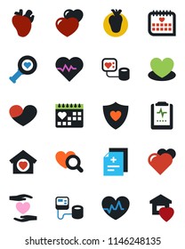 Color and black flat icon set - heart vector, pulse, diagnosis, blood pressure, diagnostic, shield, hand, real, medical calendar, clipboard, sweet home