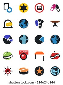 Color and black flat icon set - no laptop vector, ticket office, document reload, pills, diet, earth, pie graph, table, police, alarm led