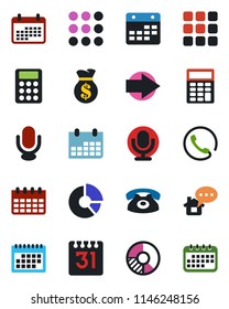 Color and black flat icon set - right arrow vector, calendar, circle chart, microphone, menu, calculator, phone, home message, money bag