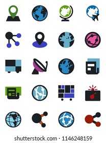 Color and black flat icon set - satellite antenna vector, bomb in case, globe, plane, earth, pin, consolidated cargo, network, share, news, social media