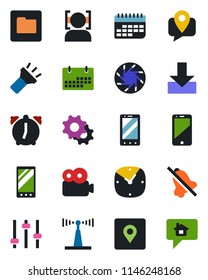 Color and black flat icon set - mobile phone vector, tracking, term, antenna, cell, camera, settings, tuning, clock, alarm, folder, download, torch, mute, place tag, face id, video, calendar