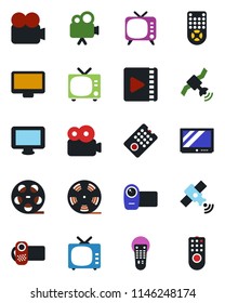Color and black flat icon set - tv vector, reel, satellite, video camera, remote control, monitor