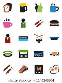 Color and black flat icon set - coffee vector, waiter, menu, reserved, beer, plates, bacon, bread, cafe table, alcove, credit card, kebab, hamburger, bowl, cutting board, sushi, omelette