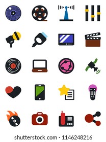 Color and black flat icon set - clapboard vector, reel, vinyl, flame disk, camera, microphone, antenna, satellite, settings, tv, remote control, network, cell phone, laptop pc, radio, favorites list