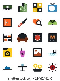 Color and black flat icon set - luggage storage vector, checkroom, heart diagnostic, railroad, tv, gallery, record, photo, application, office building, pool, mountains, cushioned furniture, menu