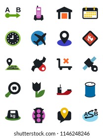 Color and black flat icon set - navigation vector, pin, plane, satellite, traffic light, office phone, mobile tracking, sea shipping, clock, term, no trolley, tulip, warehouse, heavy, flammable