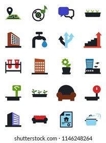 Color and black flat icon set - airport building vector, office, growth statistic, seedling, blood test vial, route, navigation, heavy scales, dialog, music, water supply, estate document