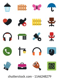 Color and black flat icon set - phone vector, case, mouse, desk, fence, glove, butterfly, garden light, satellite, umbrella, headphones, heart, office chair, ham, chip