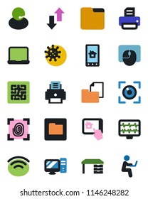 Color and black flat icon set - mouse vector, desk, printer, monitor pulse, virus, support, folder document, data exchange, wireless, notebook pc, chip, fingerprint, home control app, eye scan