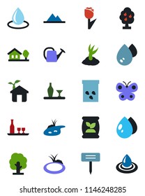 Color and black flat icon set - tree vector, watering can, sproute, butterfly, water drop, plant label, seeds, pond, fertilizer, tulip, house with, fruit, mountains, alcohol, eco