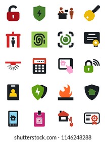 Color and black flat icon set - passport control vector, security gate, flammable, protect, eye id, identity card, key, lock, home, wireless, app, combination, sprinkler, fingerprint, certificate