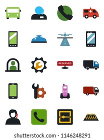 Color and black flat icon set - runway vector, airport bus, reception, mobile phone, ambulance car, office, support, delivery, call, scanner, root setup, reserved, warm floor
