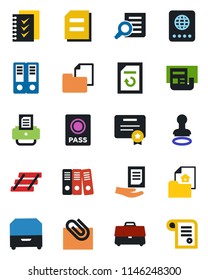 Color and black flat icon set - passport vector, stamp, office binder, document search, reload, printer, folder, case, paper clip, news, checklist, tray, archive box, estate, certificate, contract
