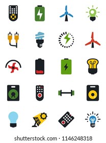 Color and black flat icon set - bulb vector, ripper, barbell, remote control, speaker, low battery, rca, charge, windmill, energy saving, sun panel, idea