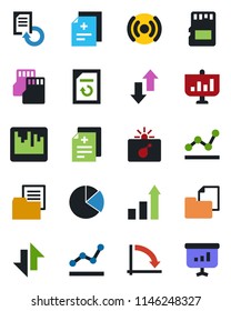 Color and black flat icon set - bomb in case vector, growth statistic, crisis graph, document reload, diagnosis, folder, scanner, sd, data exchange, pie, point, wireless, presentation