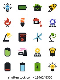 Color and black flat icon set - factory vector, fire, battery, low, desk lamp, sun panel, home control, eco house, water heater, bulb, energy saving, windmill, idea