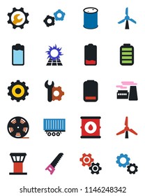 Color and black flat icon set - airport tower vector, gear, factory, saw, truck trailer, oil barrel, reel, battery, low, root setup, windmill, sun panel