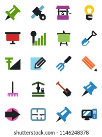 Color and black flat icon set - right arrow vector, presentation board, drawing pin, bulb, job, pencil, garden fork, shovel, rake, well, satellite, cellular signal, plan, pc