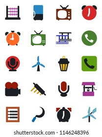 Color and black flat icon set - alarm clock vector, phone, well, sickle, film frame, video camera, microphone, call, abacus, tv, rolling pin, outdoor lamp, fridge, windmill