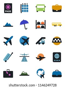 Color and black flat icon set - plane vector, runway, taxi, suitcase, airport bus, umbrella, passport, ladder car, seat map, luggage storage, globe, mountains, case