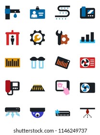 Color and black flat icon set - security gate vector, identity card, drip irrigation, sorting, barcode, root setup, air conditioner, intercome, home control app, water filter, warm floor, sprinkler