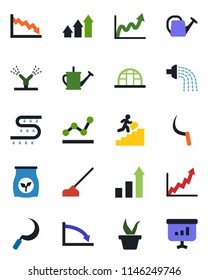 Color and black flat icon set - growth statistic vector, seedling, watering can, hoe, sickle, greenhouse, fertilizer, drip irrigation, point graph, career ladder, arrow up, crisis, presentation