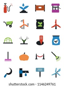 Color and black flat icon set - fence vector, rake, wheelbarrow, well, sickle, plant label, pumpkin, greenhouse, garden sprayer, fertilizer, drip irrigation, windmill