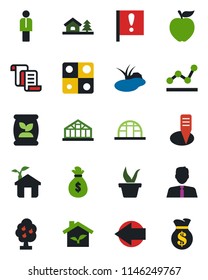 Color and black flat icon set - left arrow vector, manager, contract, seedling, plant label, greenhouse, pond, fertilizer, important flag, application, point graph, house with tree, fruit, apple