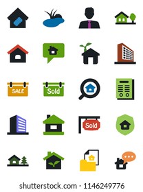 Color and black flat icon set - office building vector, pond, contract, house, with tree, estate document, sale, sold signboard, search, agent, smart home, insurance, eco, message