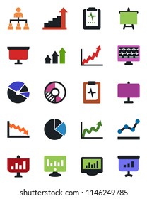 Color and black flat icon set - growth statistic vector, hierarchy, presentation board, monitor, circle chart, pulse, clipboard, statistics, pie graph, point, arrow up, crisis