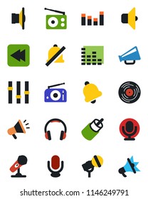 Color and black flat icon set - vinyl vector, microphone, radio, speaker, loudspeaker, settings, equalizer, headphones, rewind, rca, bell, mute, sound, advertising