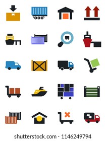 Color and black flat icon set - sea shipping vector, truck trailer, cargo container, car delivery, port, consolidated, warehouse storage, up side sign, no trolley, package, search, moving
