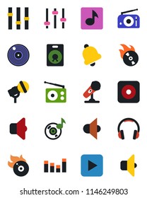 Color and black flat icon set - vinyl vector, flame disk, microphone, radio, speaker, settings, equalizer, headphones, play button, rec, tuning, bell, music, sound