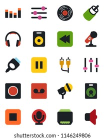 Color and black flat icon set - vinyl vector, microphone, equalizer, headphones, speaker, pause button, stop, rewind, rca, hdmi, tuning, record, sound