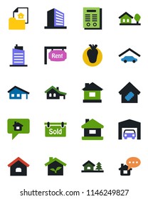 Color and black flat icon set - office building vector, house, real heart, contract, with garage, tree, estate document, rent, sold signboard, smart home, city, eco, message