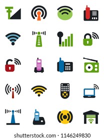 Color and black flat icon set - antenna vector, wireless notebook, office phone, radio, remote control, cellular signal, lock, garage gate