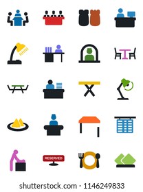 Color and black flat icon set - cafe vector, baby room, reception, flight table, manager place, picnic, desk, lamp, meeting, serviette, reserved, salt and pepper
