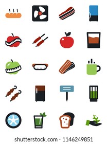 Color and black flat icon set - hot cup vector, plant label, diet, fridge, drink, phyto bar, bacon, bread, kebab, dog, apple fruit, fan, palm sproute