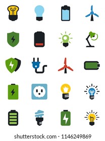 Color and black flat icon set - bulb vector, battery, low, protect, charge, desk lamp, windmill, socket, power plug, energy saving, idea