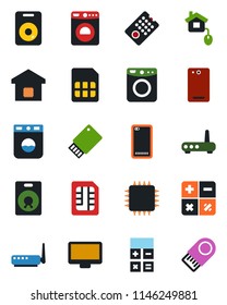 Color and black flat icon set - washer vector, calculator, monitor, speaker, phone back, sim, smart home, control, chip, remote, router, usb flash