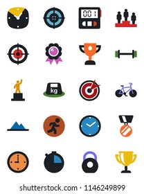 Color and black flat icon set - pedestal vector, medal, barbell, bike, run, heavy, clock, stopwatch, target, mountains, award cup