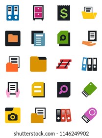Color and black flat icon set - office binder vector, document search, receipt, folder, photo gallery, paper, tray, archive box, usb flash