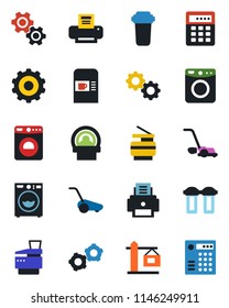 Color and black flat icon set - coffee machine vector, washer, gear, lawn mower, tomography, printer, copier, crane, water filter, combination lock