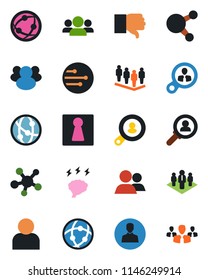 Color and black flat icon set - female vector, team, brainstorm, network, share, group, finger down, user, company, client search, consumer